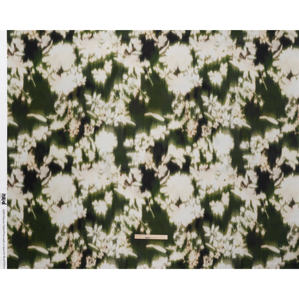 Polyester Mikado - Green and White Ikat Floral Silhouettes - Mood Exclusive Glowscape Garden Print