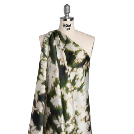 Polyester Mikado - Green and White Ikat Floral Silhouettes - Mood Exclusive Glowscape Garden Print