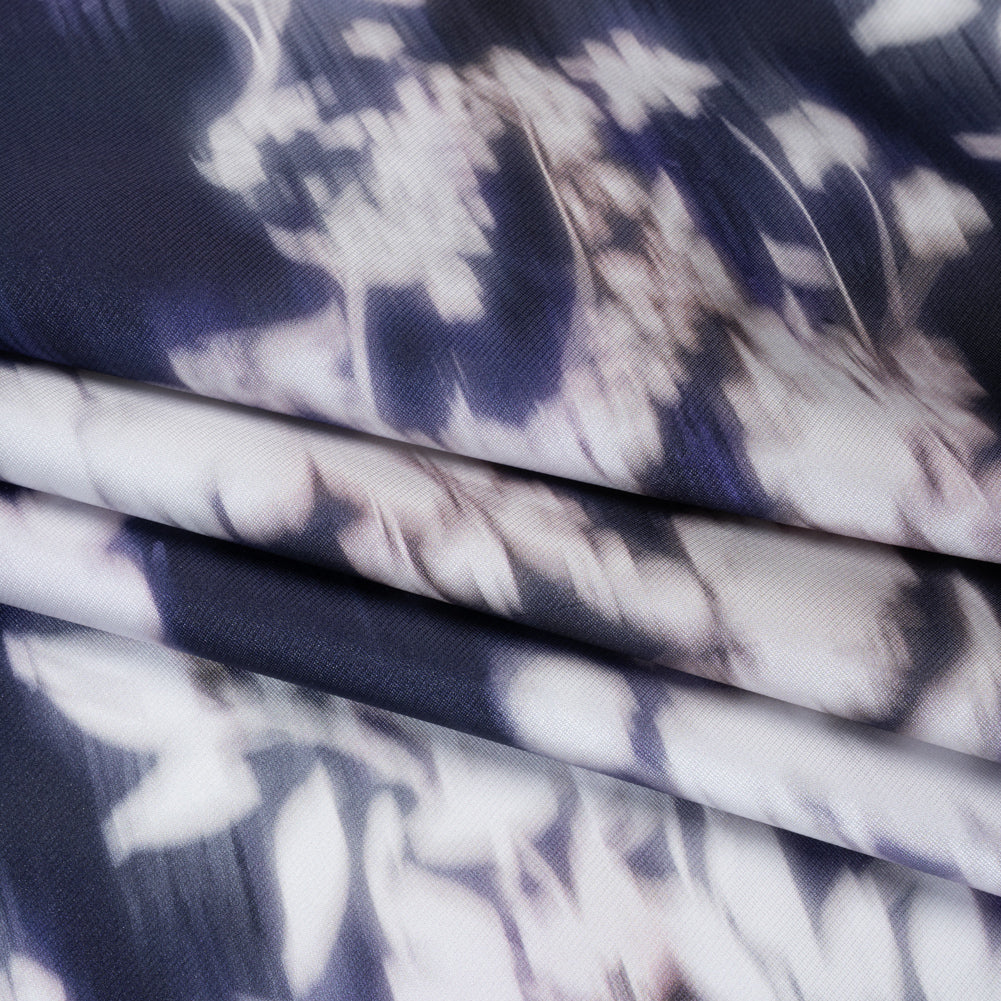 Polyester Mikado - Navy and White Ikat Floral Silhouettes - Mood Exclusive Glowscape Garden Print