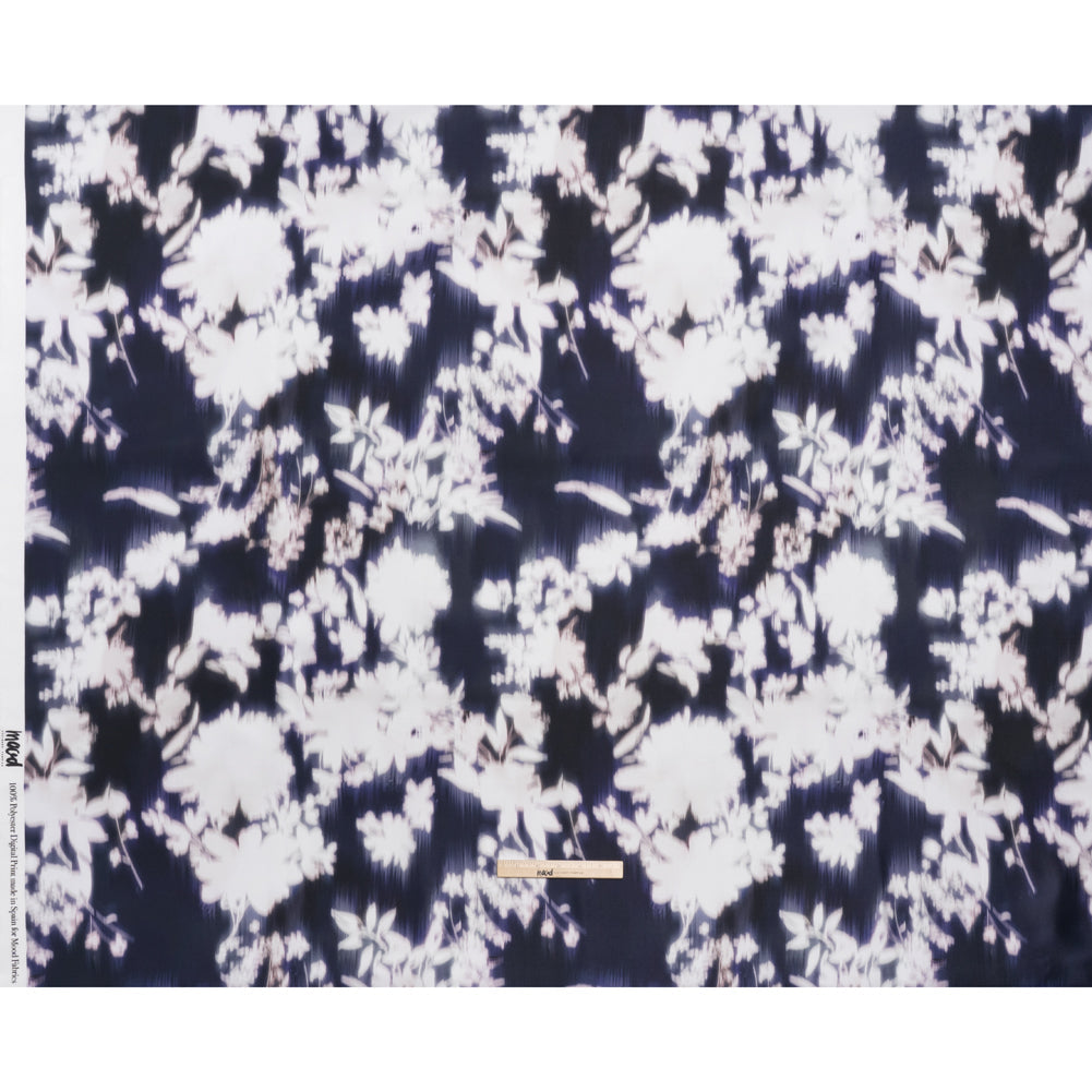 Polyester Mikado - Navy and White Ikat Floral Silhouettes - Mood Exclusive Glowscape Garden Print