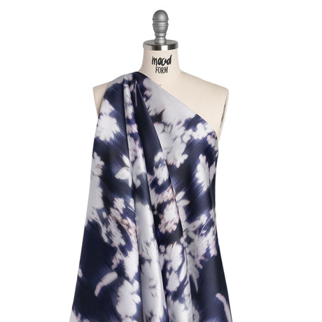 Polyester Mikado - Navy and White Ikat Floral Silhouettes - Mood Exclusive Glowscape Garden Print