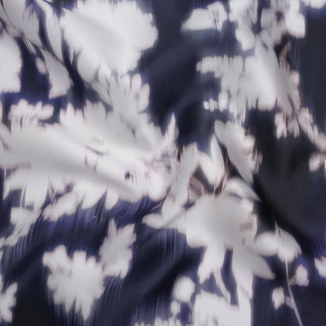 Polyester Mikado - Navy and White Ikat Floral Silhouettes - Mood Exclusive Glowscape Garden Print