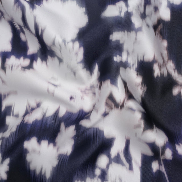 Polyester Mikado - Navy and White Ikat Floral Silhouettes - Mood Exclusive Glowscape Garden Print