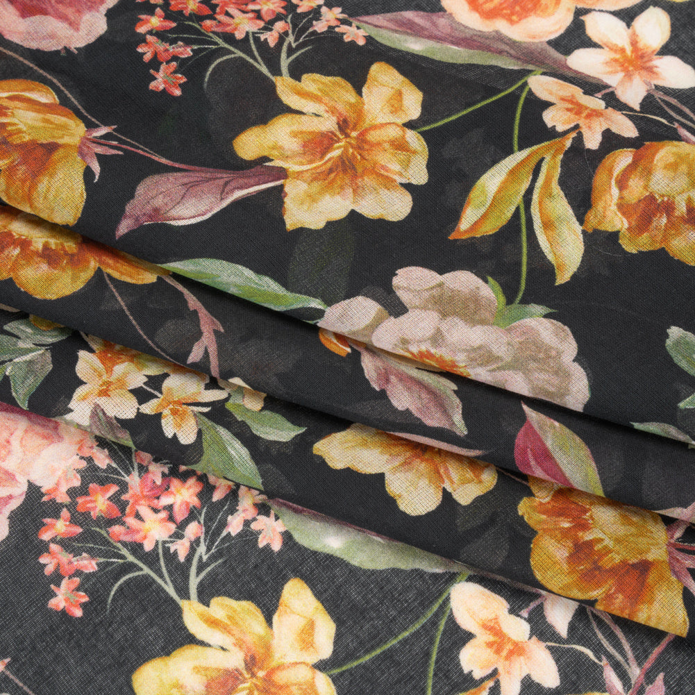 Cotton Voile - Black, Pink and Yellow Floral - Mood Exclusive Nocturne Garden Print
