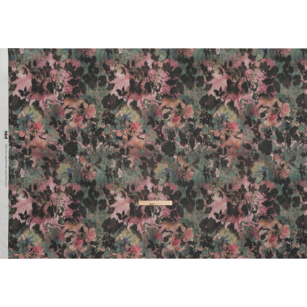 Cotton Voile - Rose, Forest Green and Black Ikat Floral Shadows - Mood Exclusive Eclipse Euphoria Print