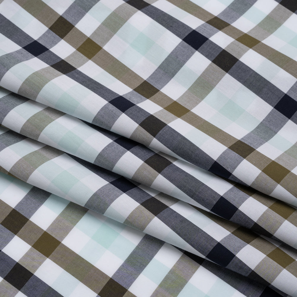 Cotton Shirting - Khaki, Navy and Light Aqua Blue Plaid - Deadstock