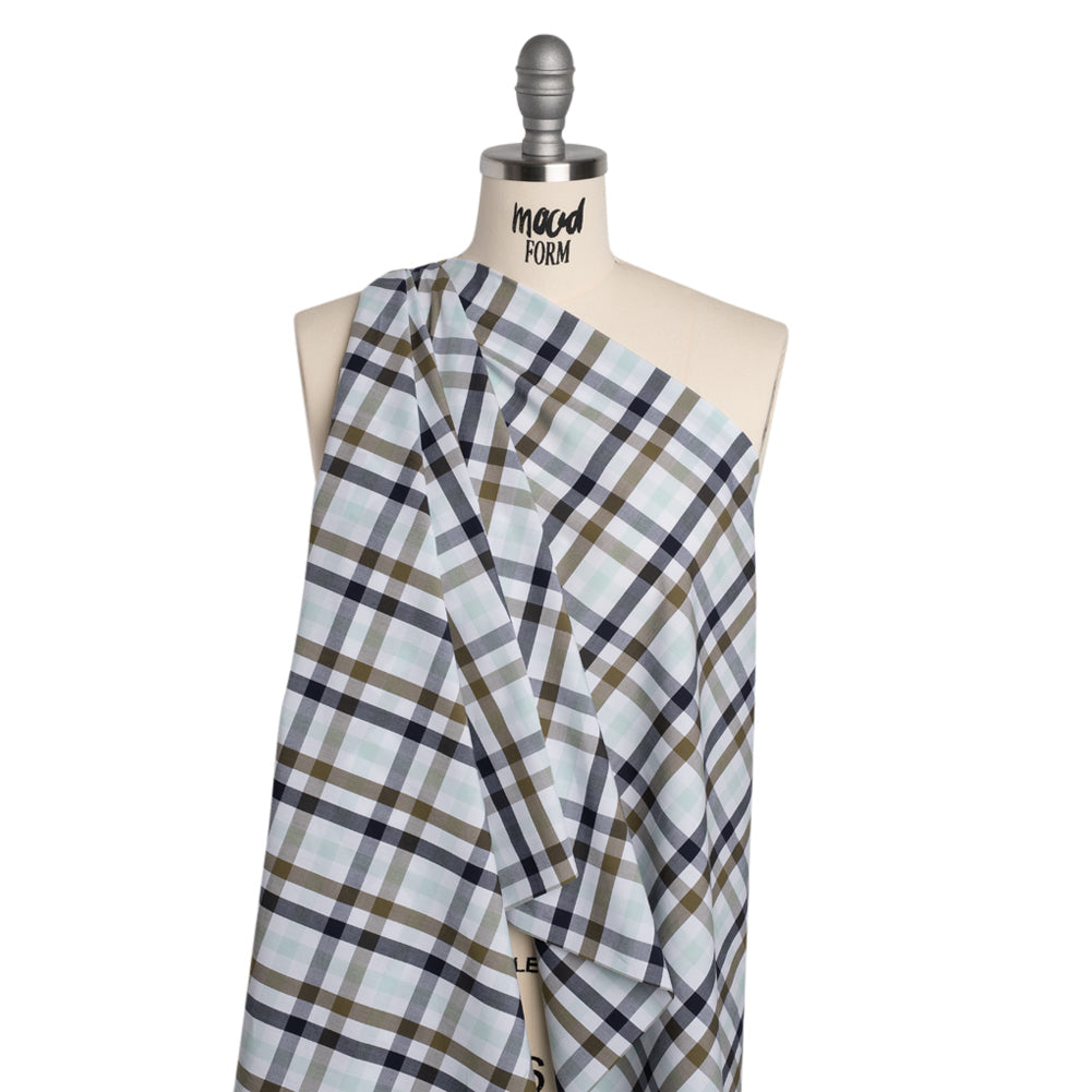 Cotton Shirting - Khaki, Navy and Light Aqua Blue Plaid - Deadstock