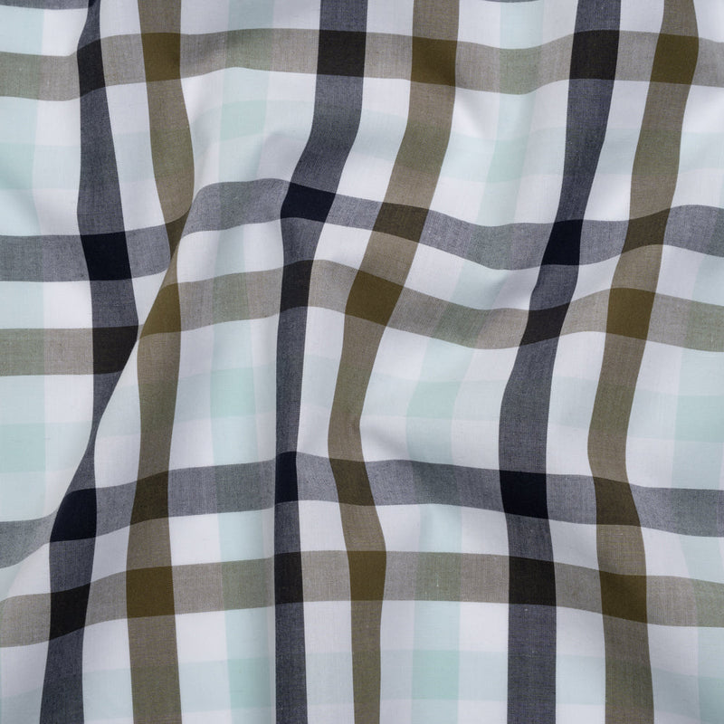 Cotton Shirting - Khaki, Navy and Light Aqua Blue Plaid - Deadstock