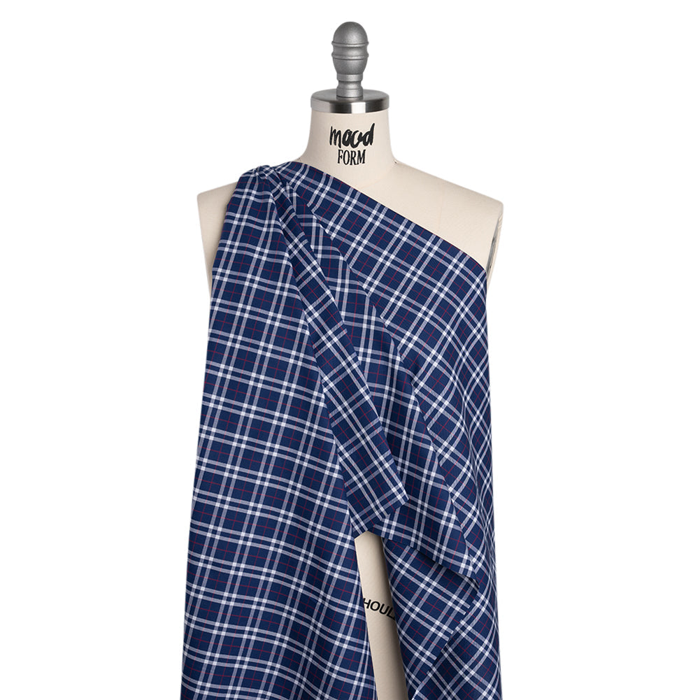 Cotton Shirting - Blue, White and Red Plaid - Deadstock