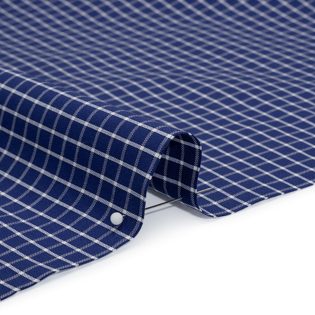 Cotton Shirting - Cobalt Blue and White Little Windowpane Checks - Deadstock