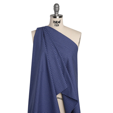 Cotton Shirting - Cobalt Blue and White Little Windowpane Checks - Deadstock