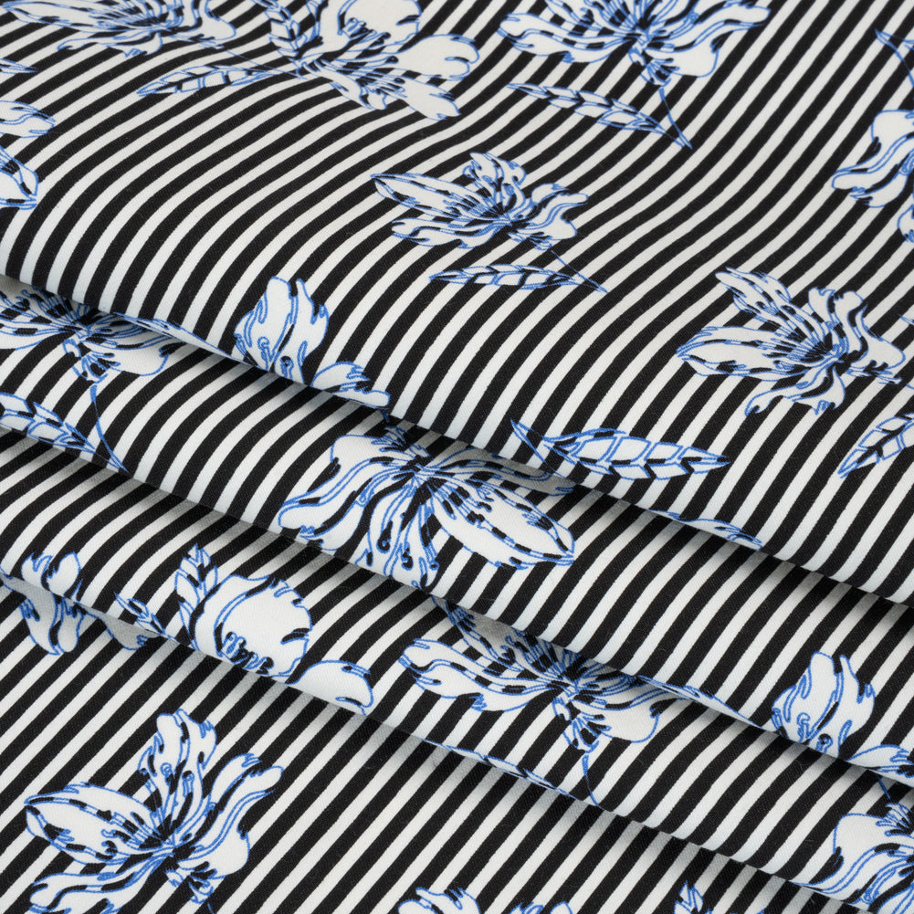Stretch Rayon and Polyester Twill - Black, White and Blue Flowers over Stripes - Deadstock