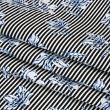 Stretch Rayon and Polyester Twill - Black, White and Blue Flowers over Stripes - Deadstock