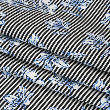 Stretch Rayon and Polyester Twill - Black, White and Blue Flowers over Stripes - Deadstock