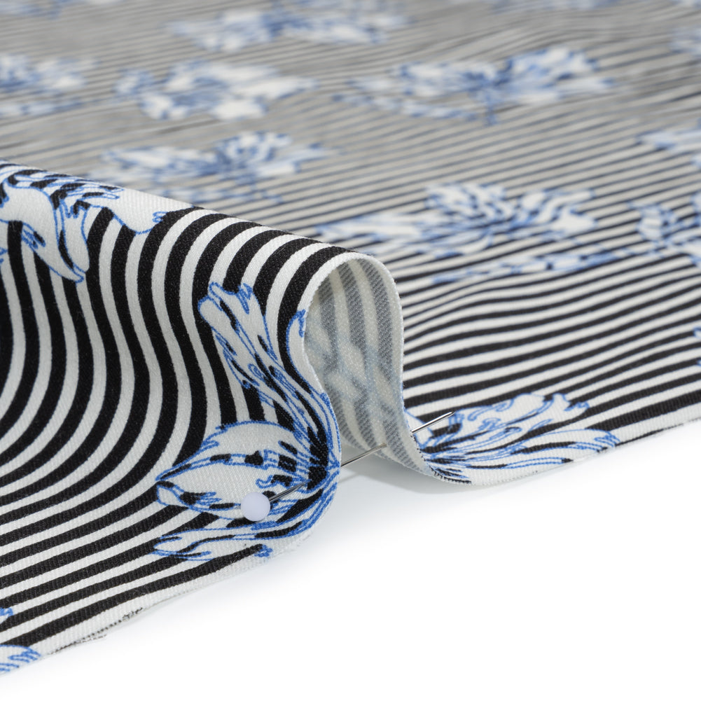 Stretch Rayon and Polyester Twill - Black, White and Blue Flowers over Stripes - Deadstock