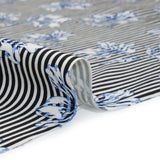 Stretch Rayon and Polyester Twill - Black, White and Blue Flowers over Stripes - Deadstock