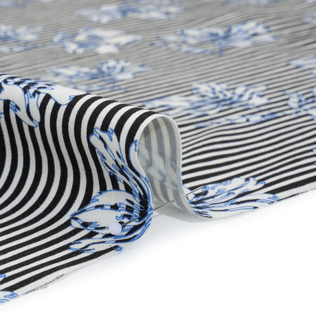 Stretch Rayon and Polyester Twill - Black, White and Blue Flowers over Stripes - Deadstock