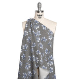 Stretch Rayon and Polyester Twill - Black, White and Blue Flowers over Stripes - Deadstock