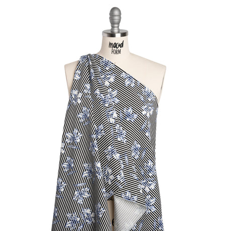 Stretch Rayon and Polyester Twill - Black, White and Blue Flowers over Stripes - Deadstock