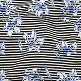 Stretch Rayon and Polyester Twill - Black, White and Blue Flowers over Stripes - Deadstock
