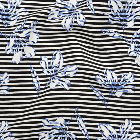 Stretch Rayon and Polyester Twill - Black, White and Blue Flowers over Stripes - Deadstock