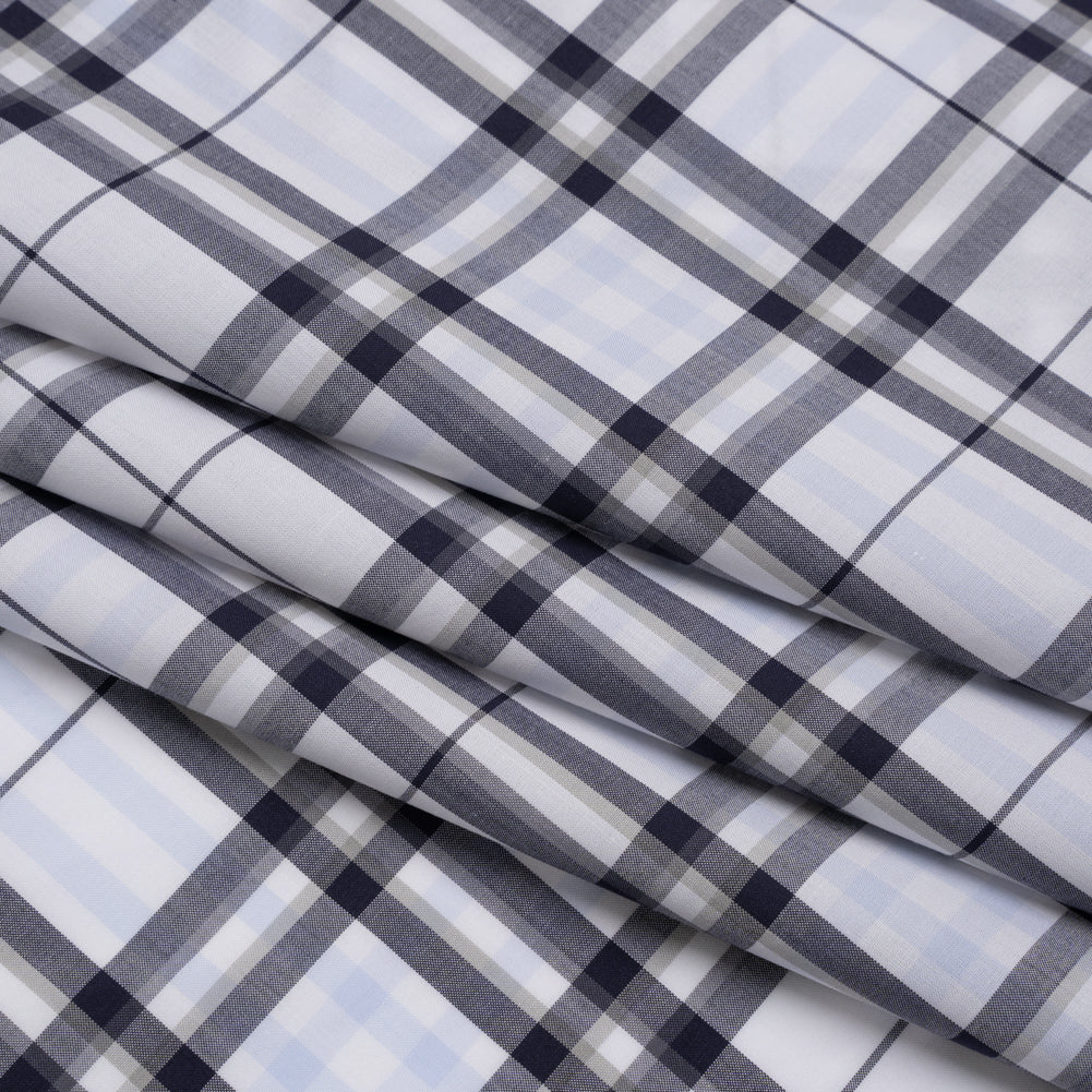 Cotton Shirting - Midnight Navy, Greige and White Plaid - Deadstock