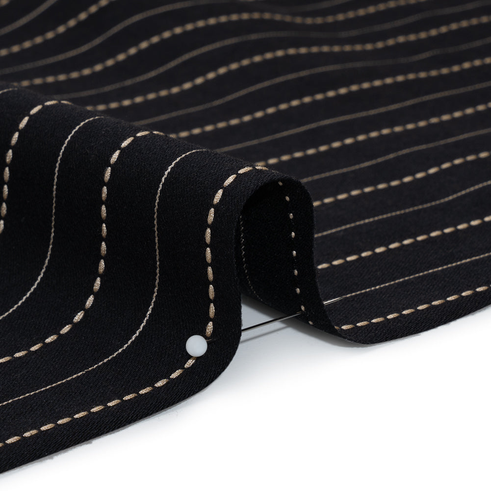 Stretch Cotton Blend Twill - Black and Beige Textured Stripes - Deadstock