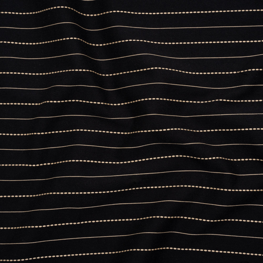 Stretch Cotton Blend Twill - Black and Beige Textured Stripes - Deadstock