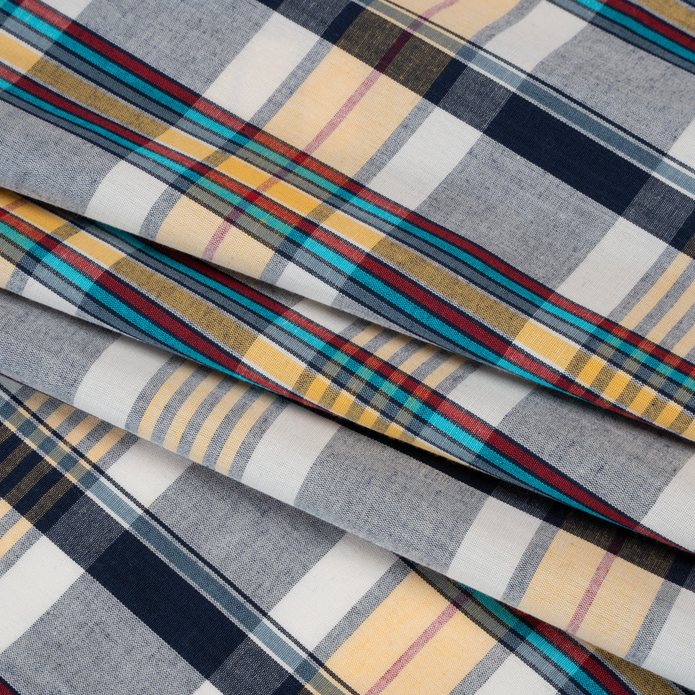 Cotton Shirting - Navy Blue, Yellow and Red Plaid - Deadstock