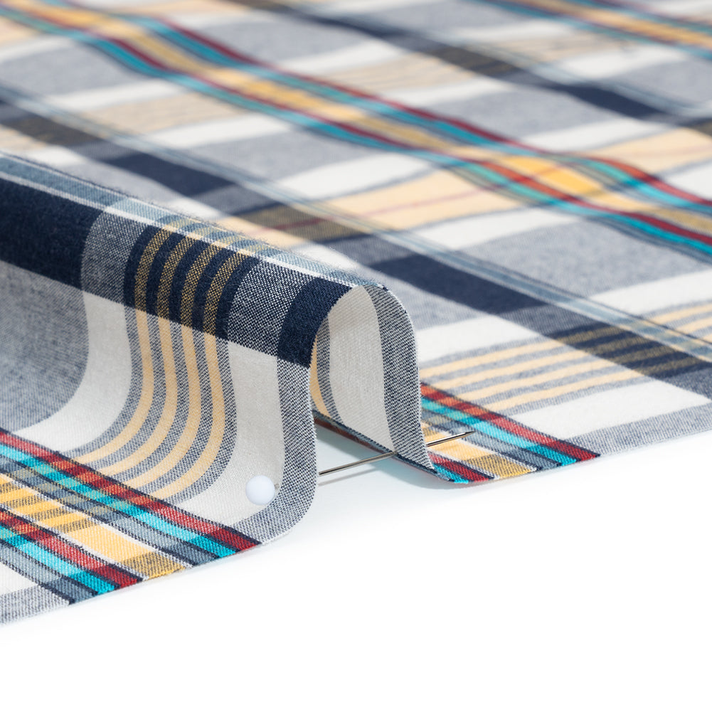 Cotton Shirting - Navy Blue, Yellow and Red Plaid - Deadstock