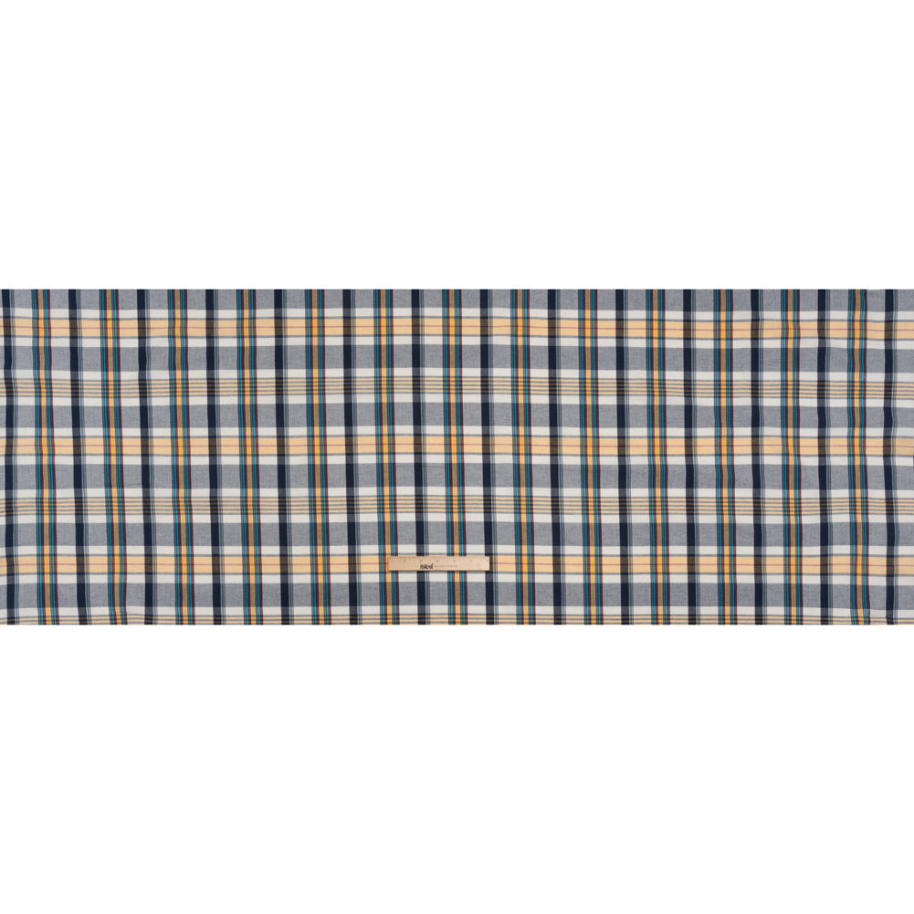 Cotton Shirting - Navy Blue, Yellow and Red Plaid - Deadstock