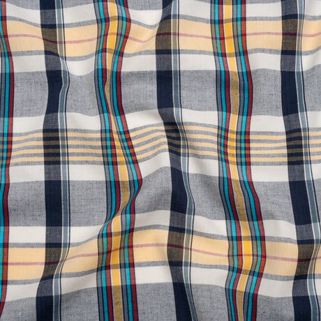 Cotton Shirting - Navy Blue, Yellow and Red Plaid - Deadstock
