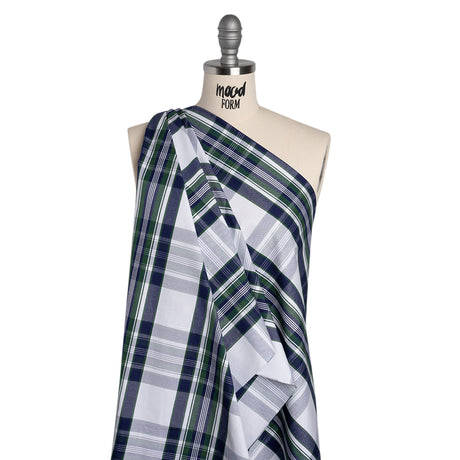 Cotton Oxford Shirting - Navy, Dark Green and White Plaid - Deadstock