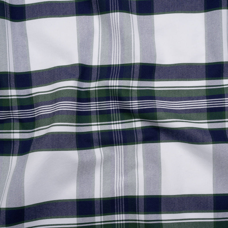 Cotton Oxford Shirting - Navy, Dark Green and White Plaid - Deadstock