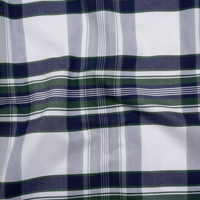 Cotton Oxford Shirting - Navy, Dark Green and White Plaid - Deadstock