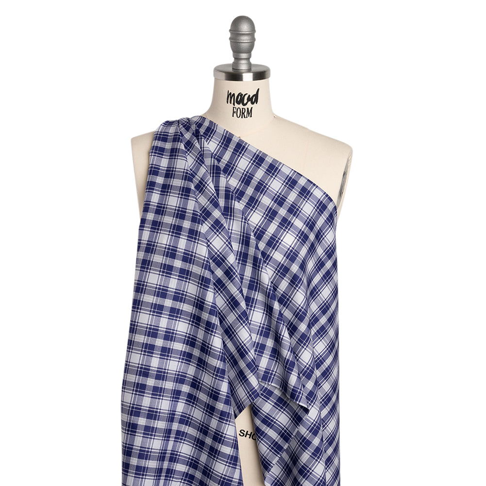 Cotton Twill Shirting - Cobalt Blue and White Plaid - Deadstock
