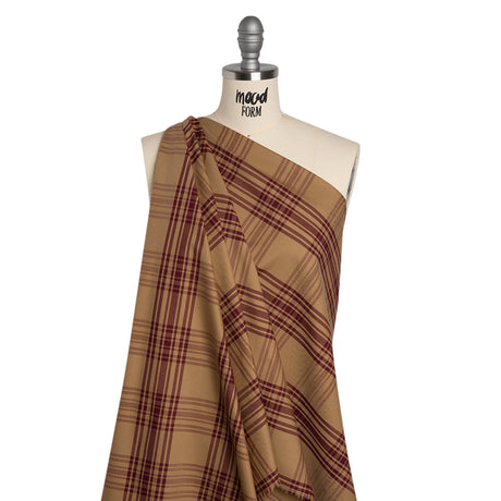 Cotton Oxford Shirting - Tan and Burgundy Plaid - Deadstock