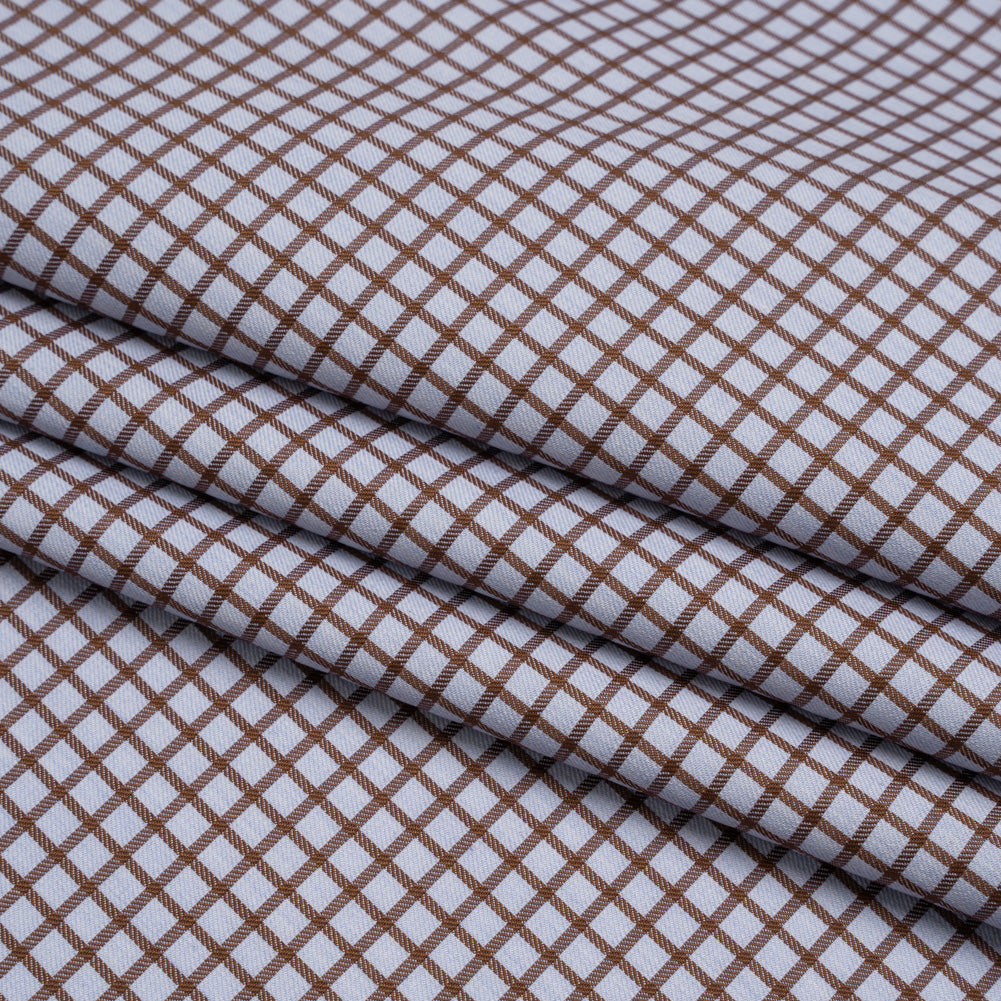 Cotton Herringbone Twill Shirting - Brown and Pale Blue Checks - Deadstock