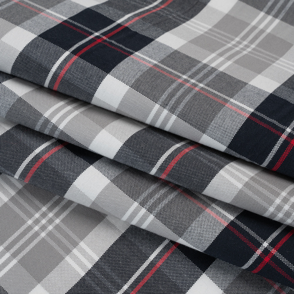 Cotton Oxford Shirting - Black, White and Red Plaid - Deadstock