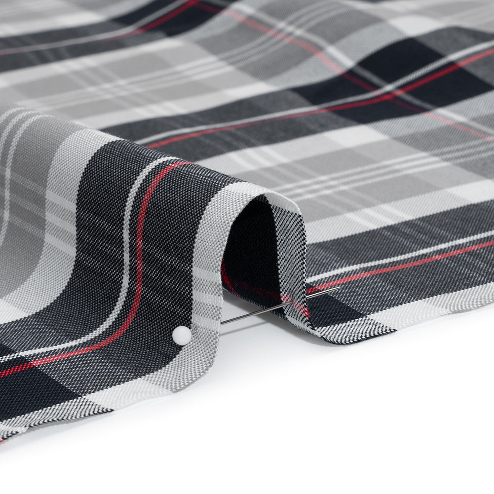 Cotton Oxford Shirting - Black, White and Red Plaid - Deadstock