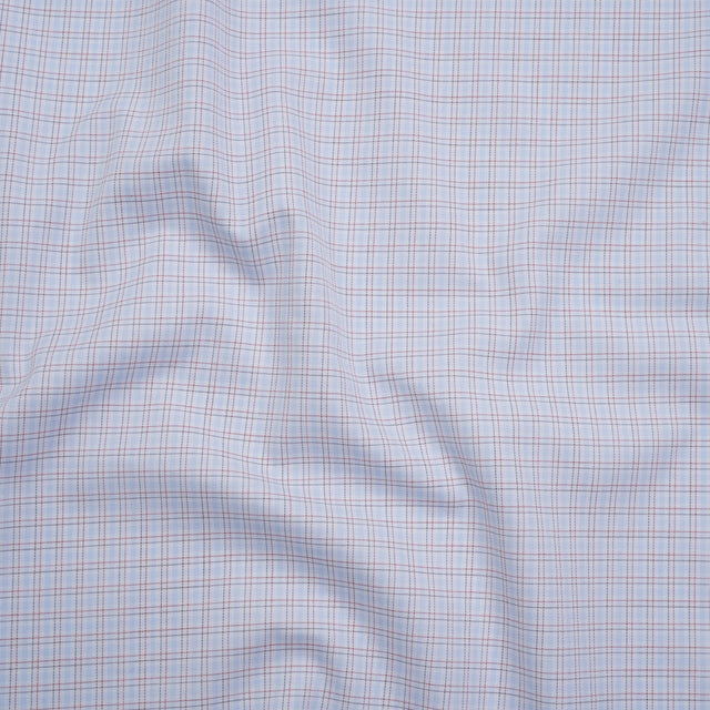 Cotton Twill Shirting - Pastel Blue, White and Burgundy Tattersall Check-Like Plaid - Deadstock