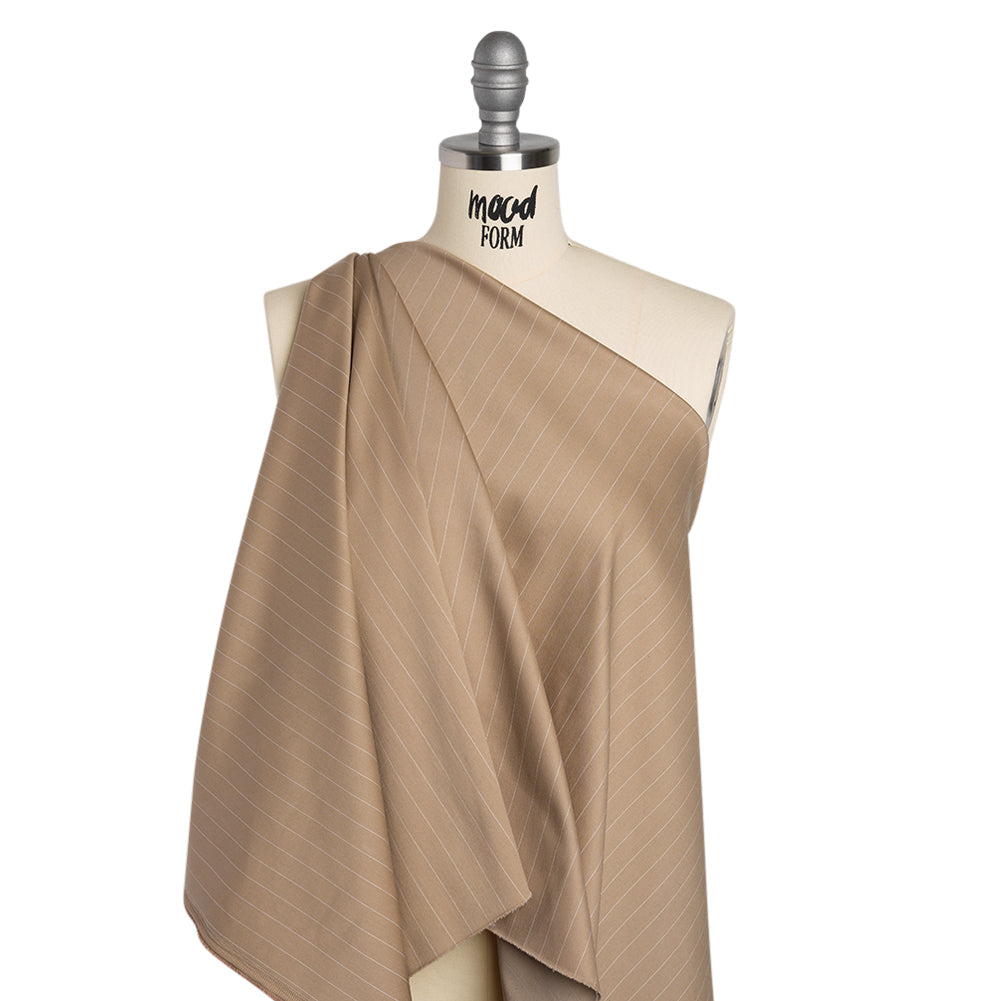 Stretch Cotton Sateen - Light Brown and White Pinstripes - Deadstock