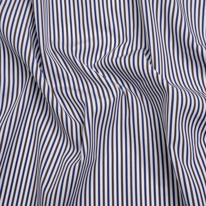 Cotton Shirting - Blue, Brown and White Stripes - Designer Deadstock