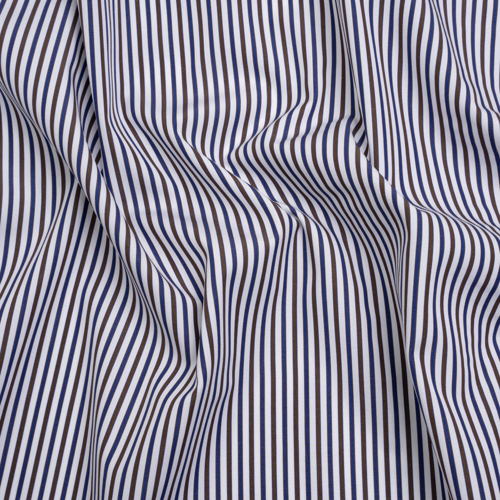 Cotton Shirting - Blue, Brown and White Stripes - Designer Deadstock