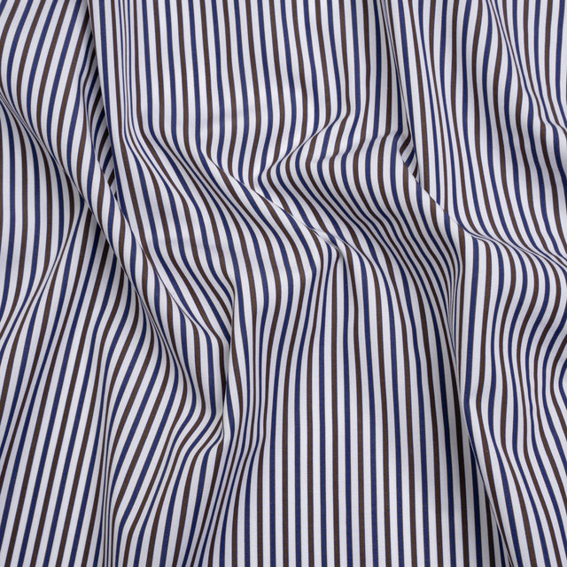 Cotton Shirting - Blue, Brown and White Stripes - Designer Deadstock