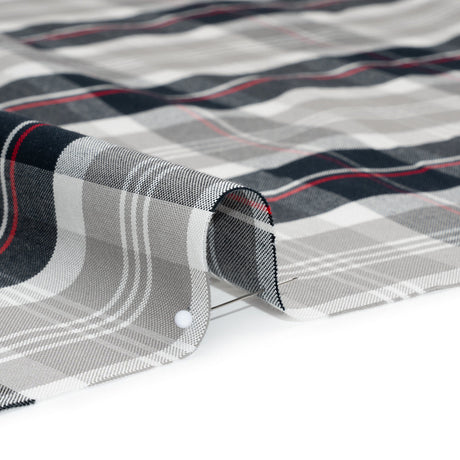 Cotton Oxford Shirting - Midnight Navy, Light Gray and Red Plaid - Deadstock