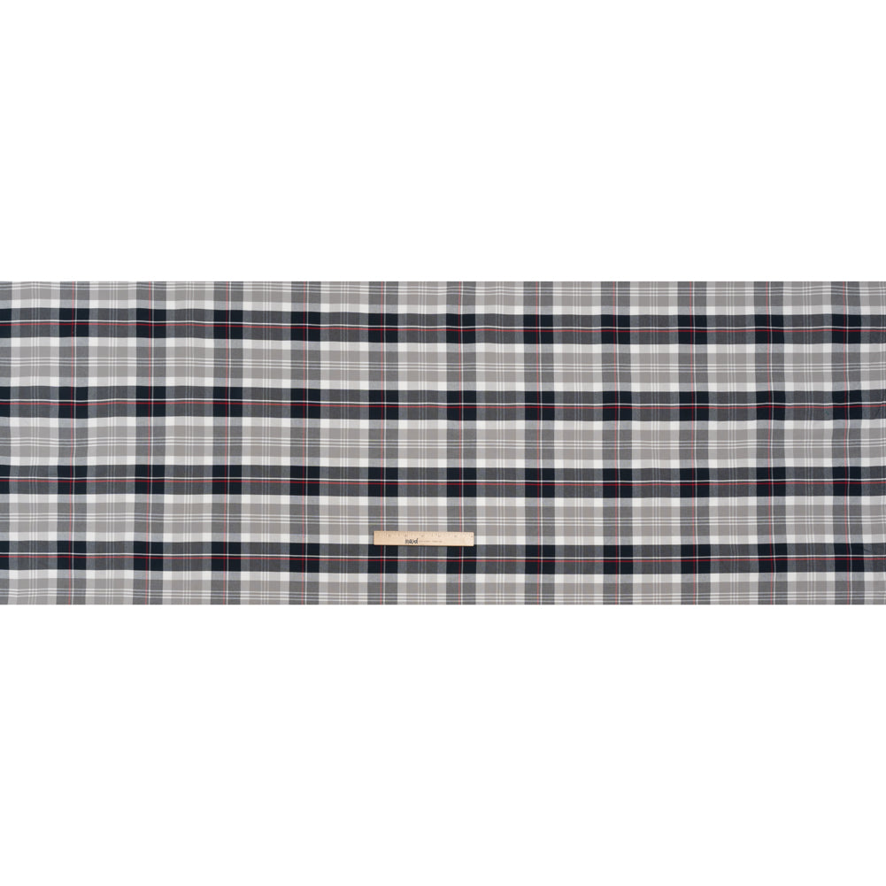 Cotton Oxford Shirting - Midnight Navy, Light Gray and Red Plaid - Deadstock