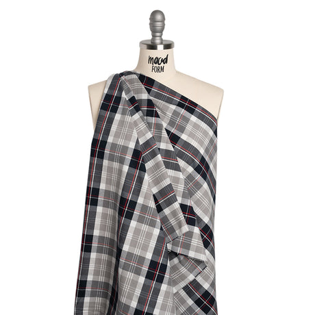 Cotton Oxford Shirting - Midnight Navy, Light Gray and Red Plaid - Deadstock