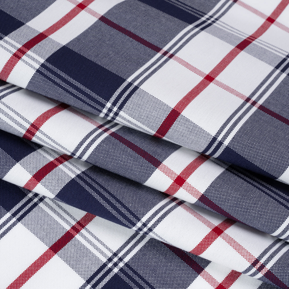 Cotton Oxford Shirting - Dark Blue, Cranberry Red and White Plaid - Deadstock