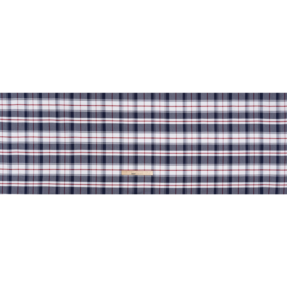 Cotton Oxford Shirting - Dark Blue, Cranberry Red and White Plaid - Deadstock